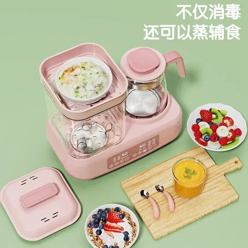 Pink kitchen appliance with food preparation items on a green background