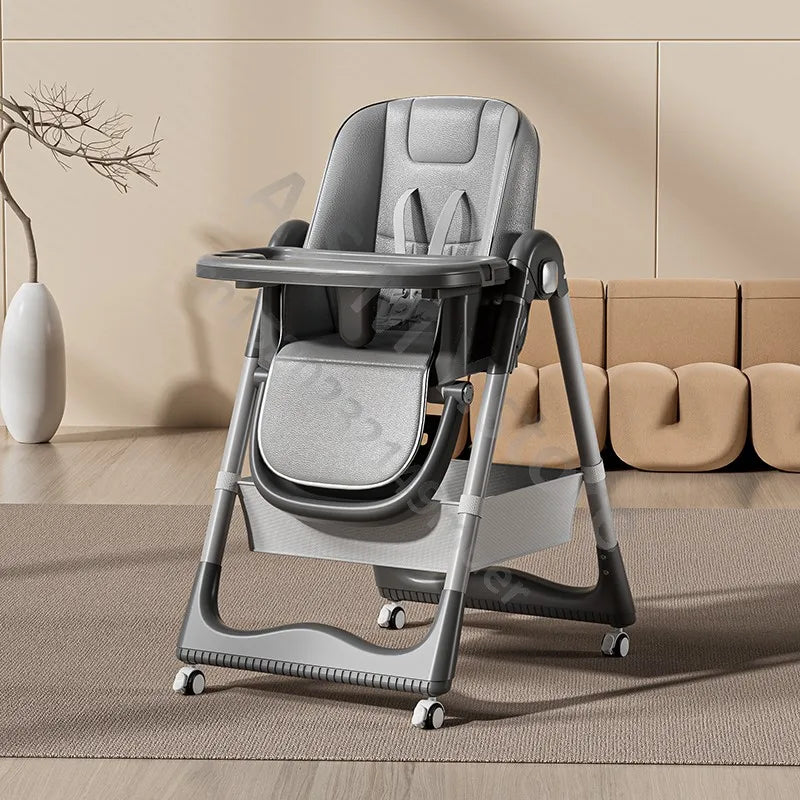 Gray high chair with tray in a living room setting