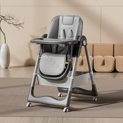 Gray high chair with tray in a living room setting
