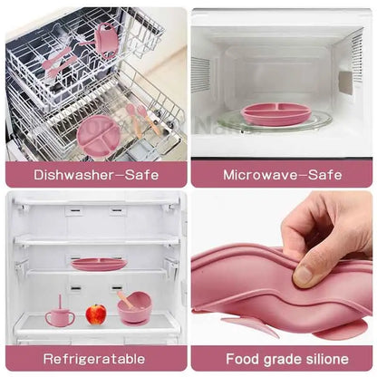 Collage of pink silicone kitchen items with text indicating their safety features.