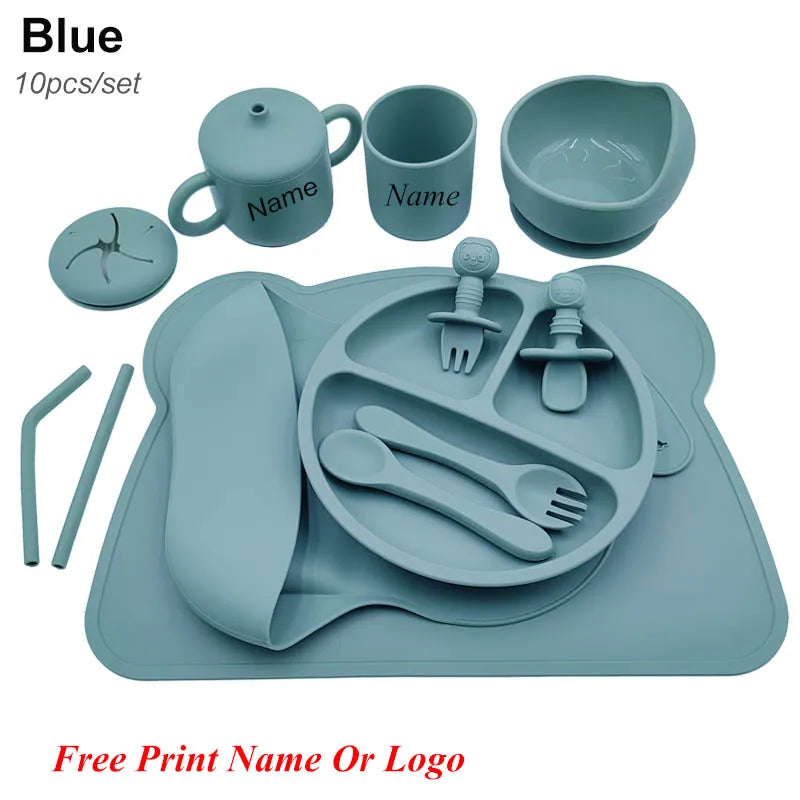 Silicone Baby Feeding Set 10Pcs Children Tableware Set Personalized Name Plates Bowls Placemats Spoon Fork For Kids Newborn Gift