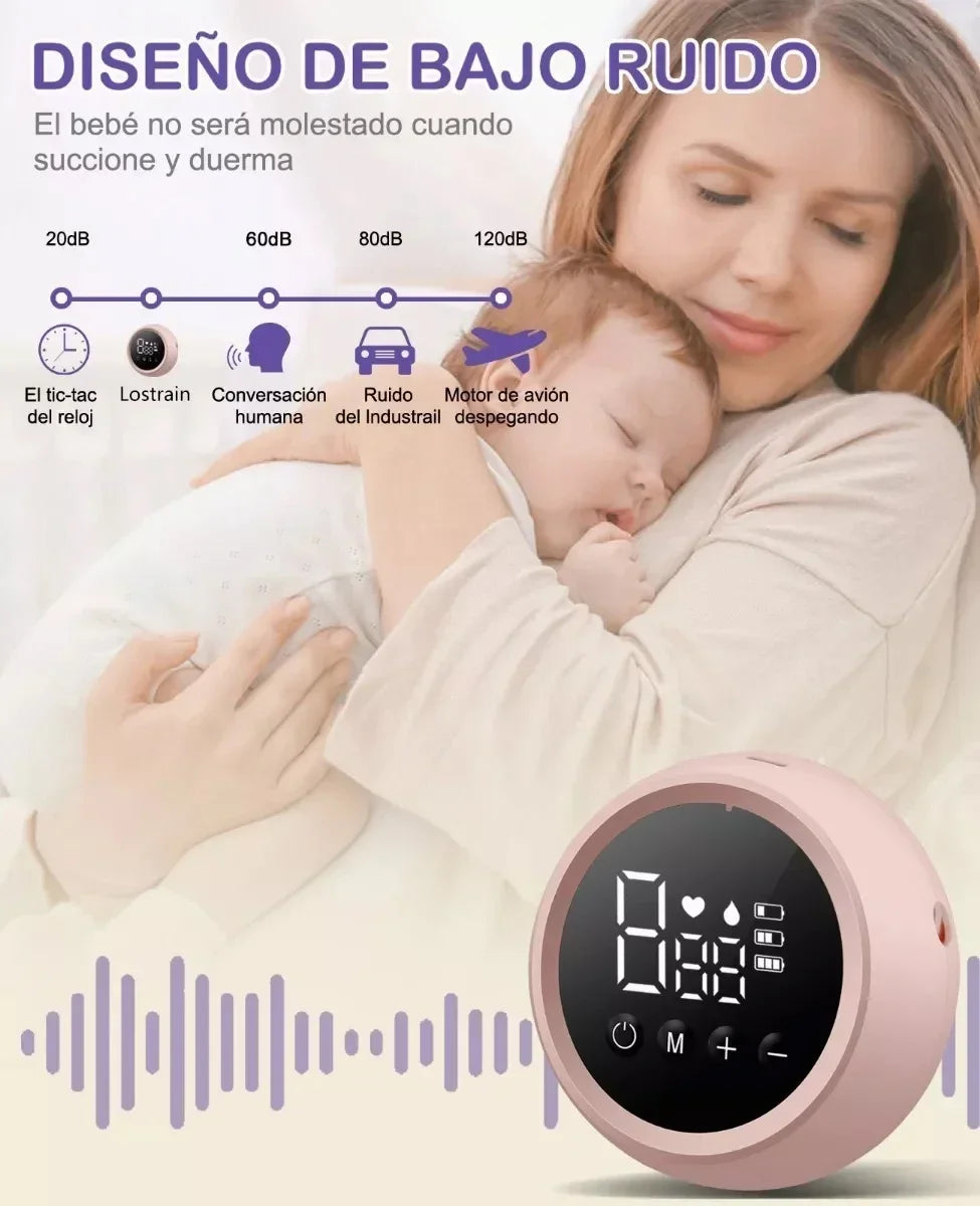 Baby sleeping next to a digital device with noise level display, featuring a woman and child.