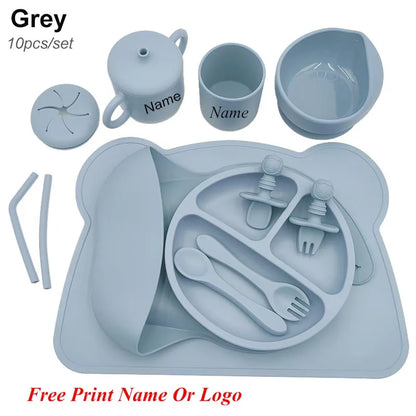 Silicone Baby Feeding Set 10Pcs Children Tableware Set Personalized Name Plates Bowls Placemats Spoon Fork For Kids Newborn Gift