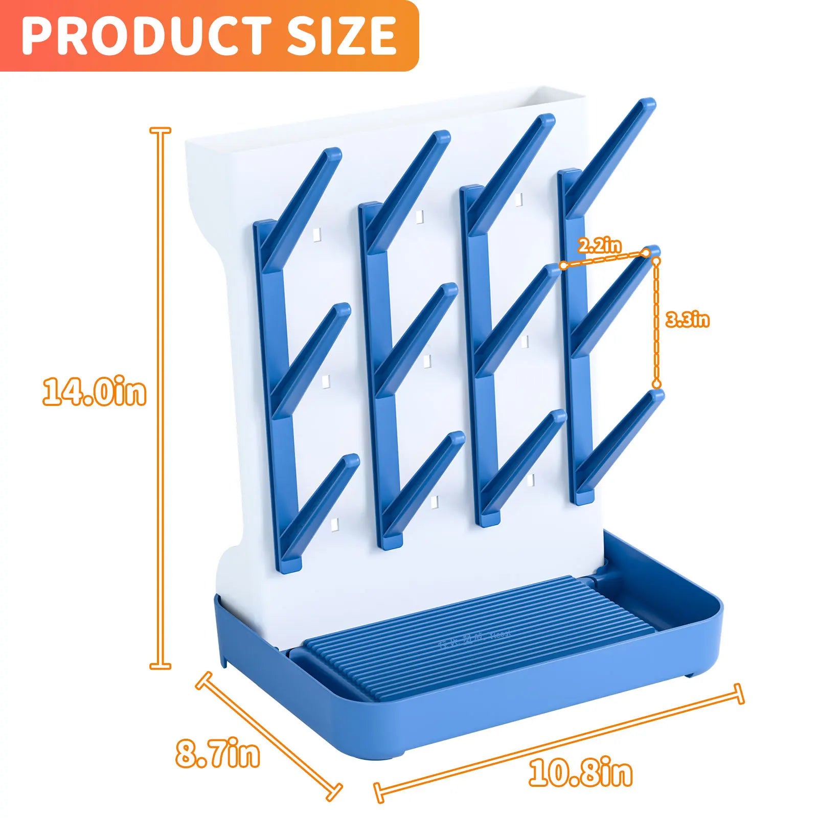 Blue and white dish drying rack with measurements on a white background