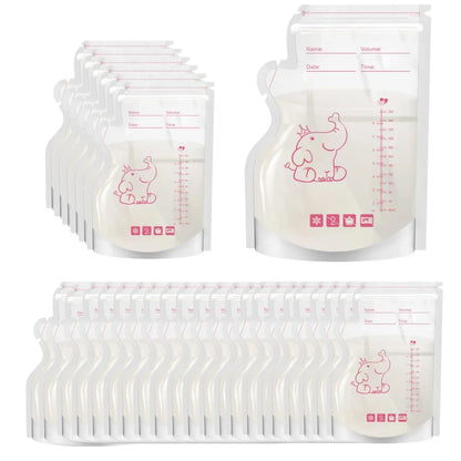 Set of breast milk storage bags with measurement markings on a white background