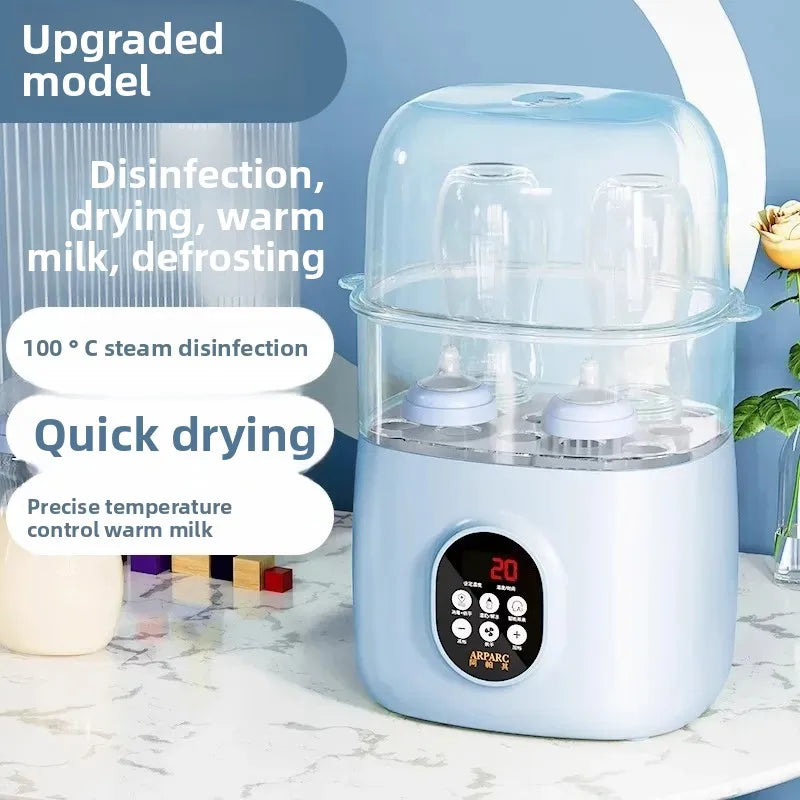 Blue baby bottle sterilizer with text highlighting its features on a marble surface.