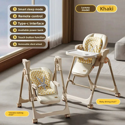Baby high chair with features listed on a light background