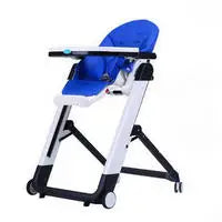 Baby high chair with blue seat and white frame