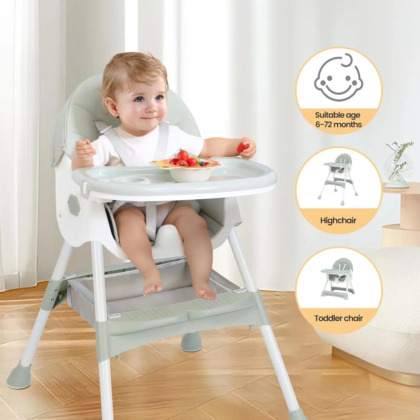 Child sitting in a high chair with a plate of food, surrounded by icons indicating the product's features.