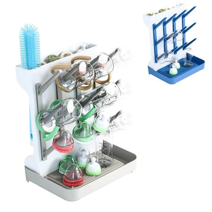 Dishwasher rack with various items including bottles and a brush on a white background