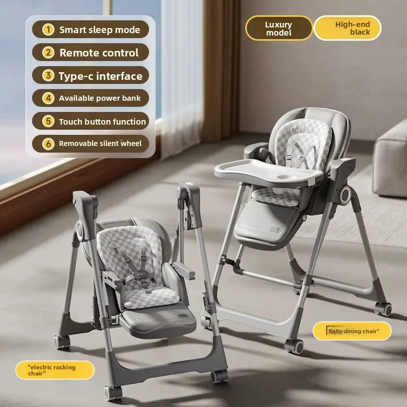Two baby high chairs with features listed on a light-colored floor.