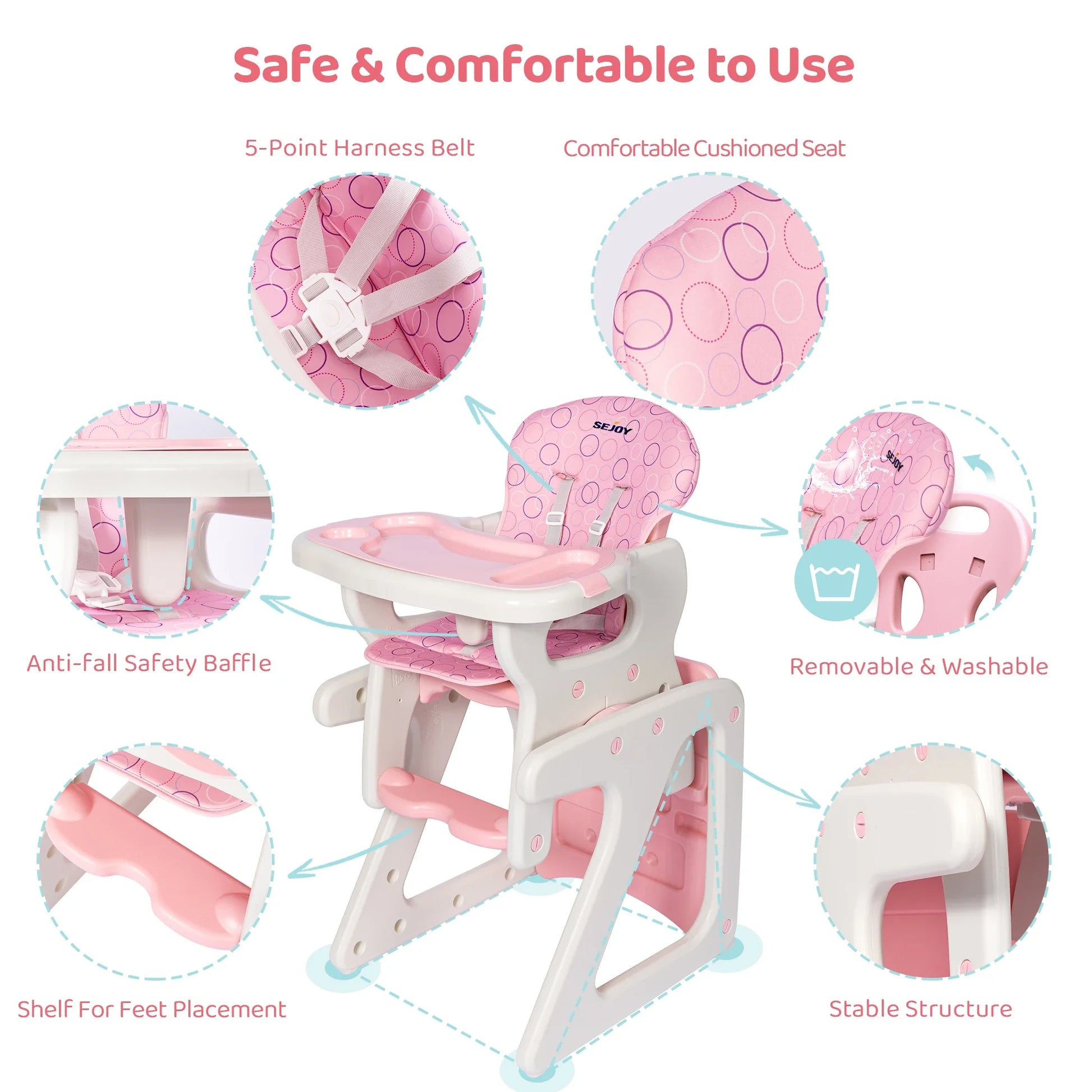Pink high chair with safety features highlighted on a white background
