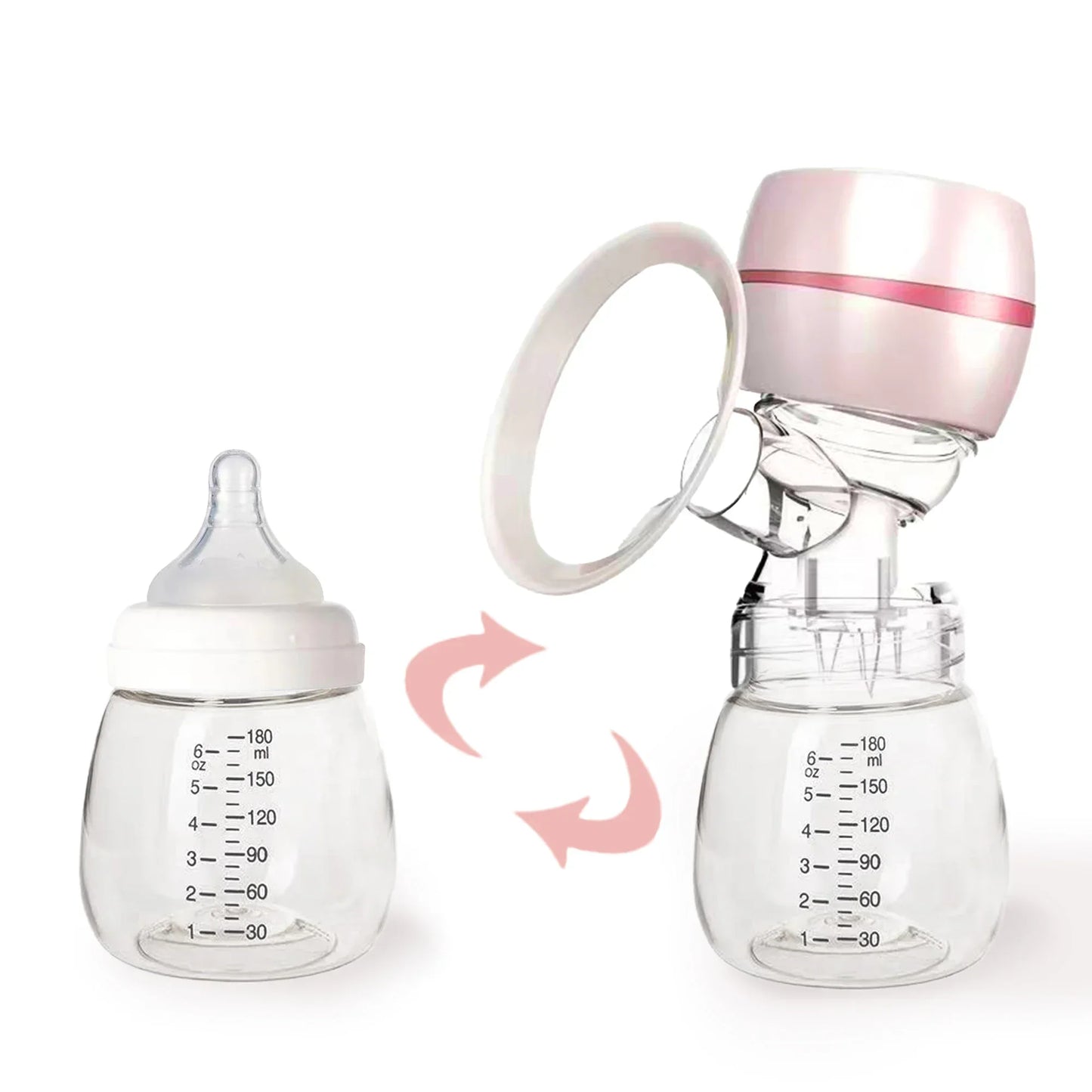 Breast pump and baby bottle on a white background