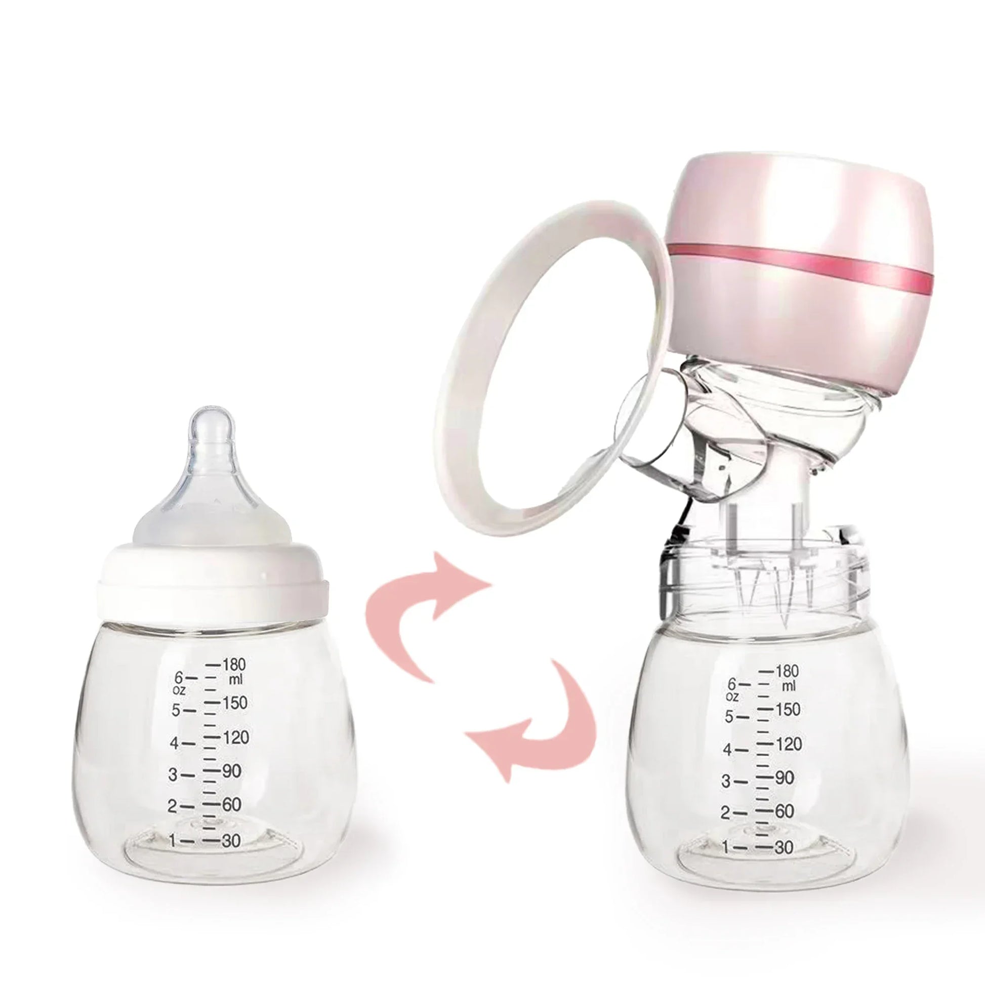 Breast pump and baby bottle on a white background