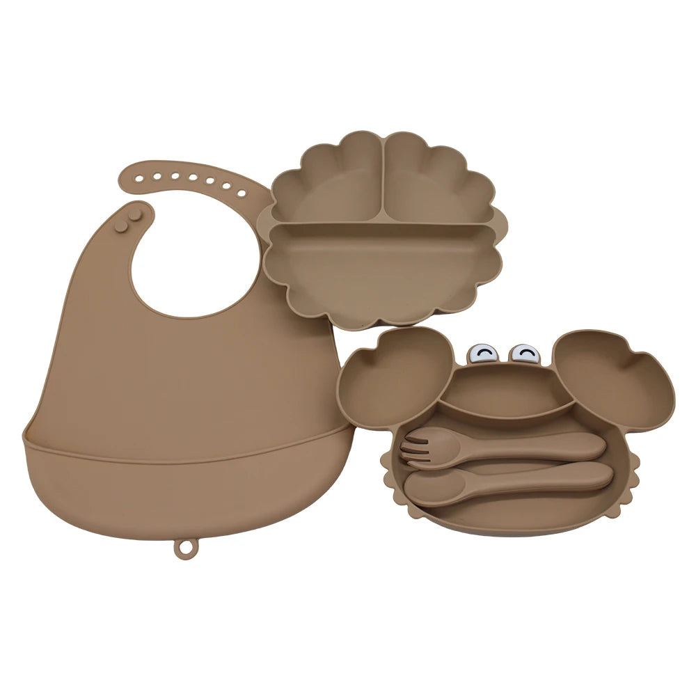 Baby Weaning Set - Pumpkin Divided Plate, Suction Bowl & Bib | Self-Feeding Tableware