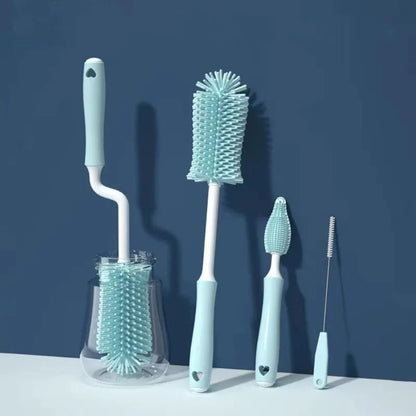 Set of four blue bottle cleaning brushes on a dark blue background