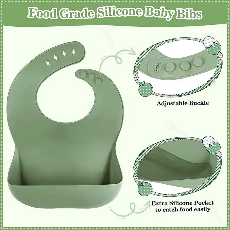 Green silicone baby bib with adjustable buckle and extra pocket on a white background