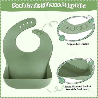 Green silicone baby bib with adjustable buckle and extra pocket on a white background