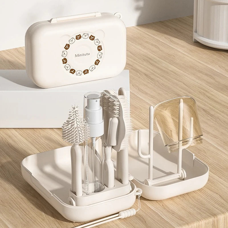 White dental care product set with case on a wooden surface