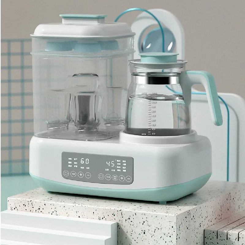 White and light blue kitchen appliance on a speckled countertop with a blurred background