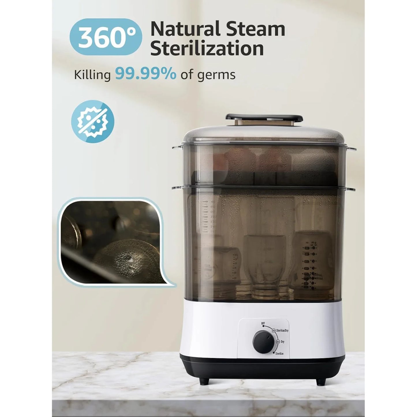 Steam sterilizer with 360-degree natural steam sterilization feature on a white background
