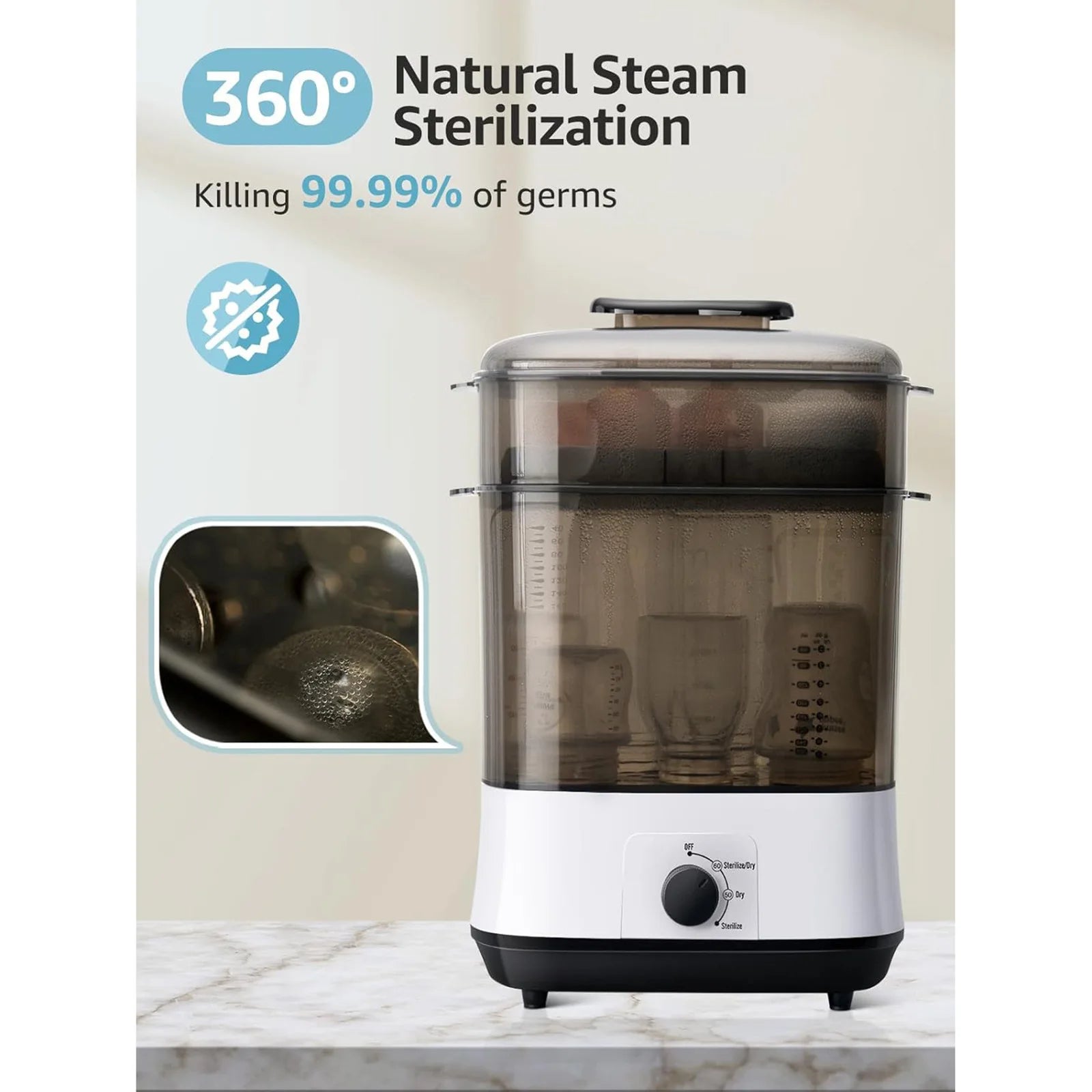 Steam sterilizer with 360-degree natural steam sterilization feature on a white background