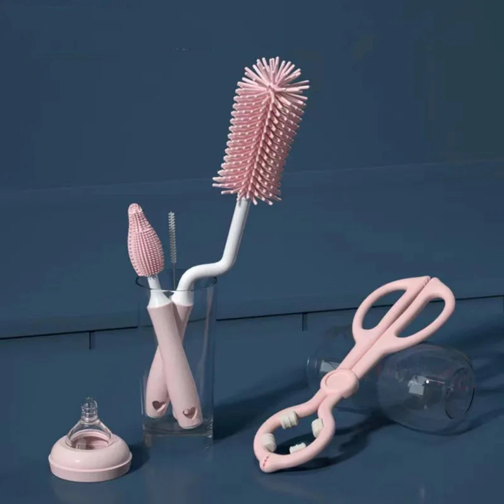 Pink and white bottle cleaning brush set with a bottle on a blue background