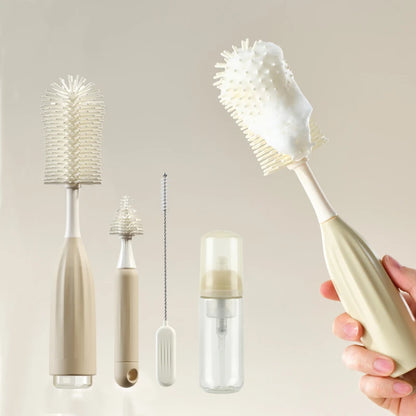 Set of cleaning brushes and bottles on a beige background