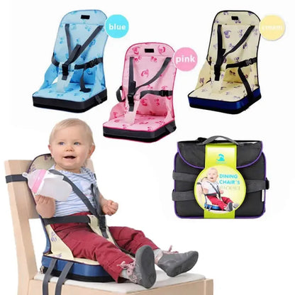 Baby high chair with blue, pink, and yellow options, and a baby sitting in the chair.