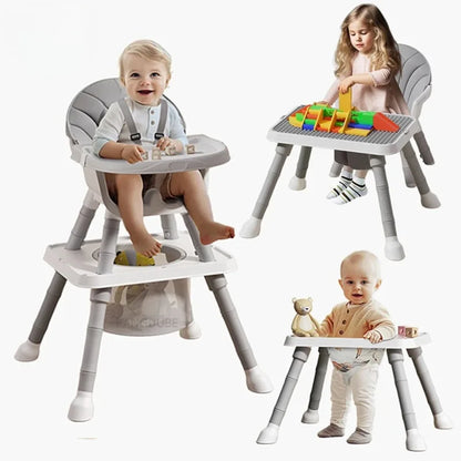 Multi-functional children's chair and table set with children playing on a white background