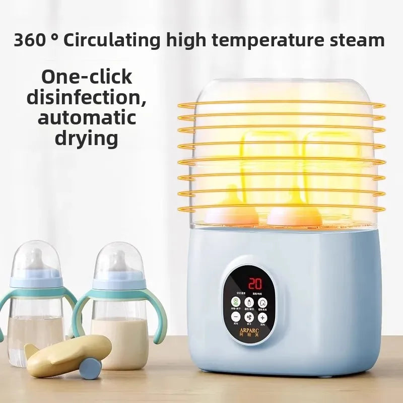 Baby bottle sterilizer with digital display on a wooden surface, featuring text about its functions.