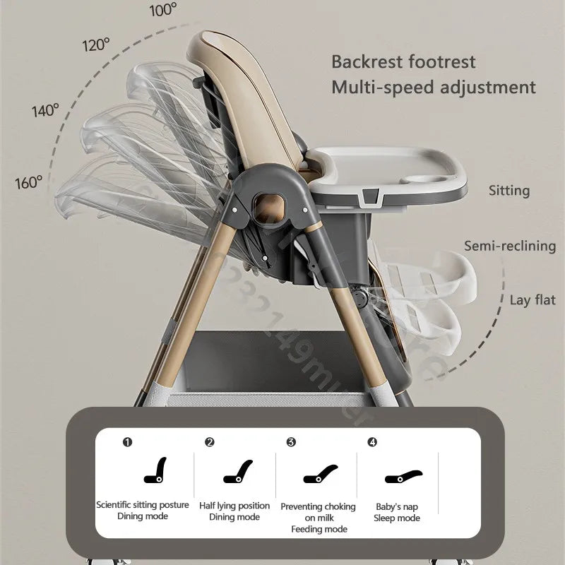 High chair with backrest footrest multi-speed adjustment features on a gray background