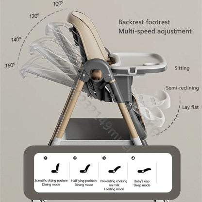 High chair with backrest footrest multi-speed adjustment features on a gray background