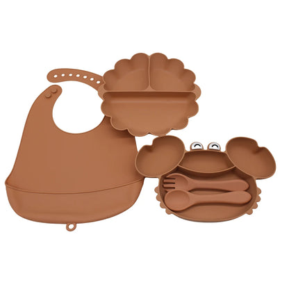 Baby Weaning Set - Pumpkin Divided Plate, Suction Bowl & Bib | Self-Feeding Tableware