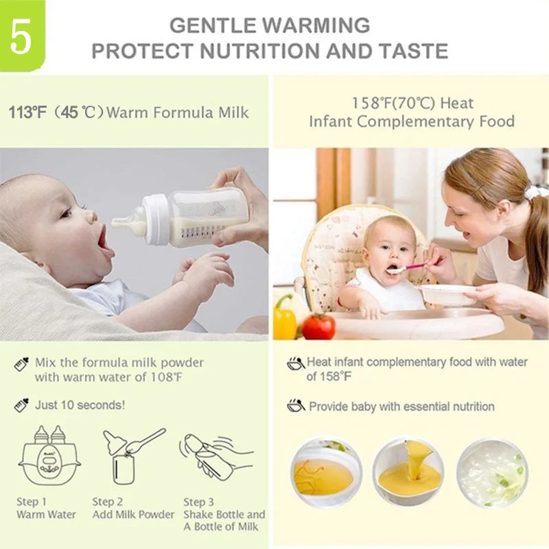 Baby being fed with a bottle and complementary food, with text on gentle warming and nutrition.