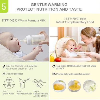 Baby being fed with a bottle and complementary food, with text on gentle warming and nutrition.