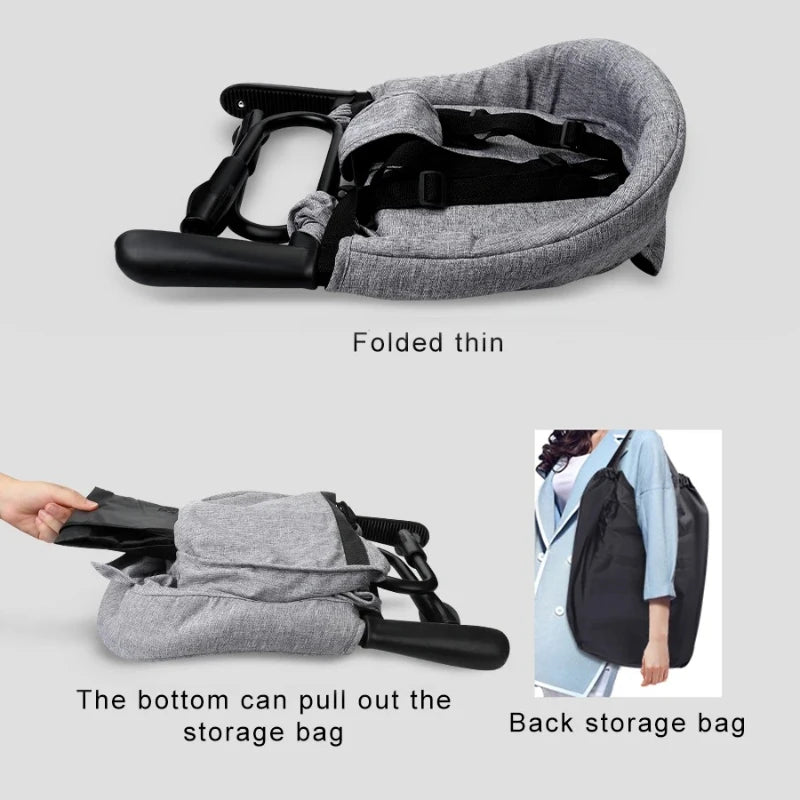 Foldable baby carrier with storage bag and back storage bag on a gray background
