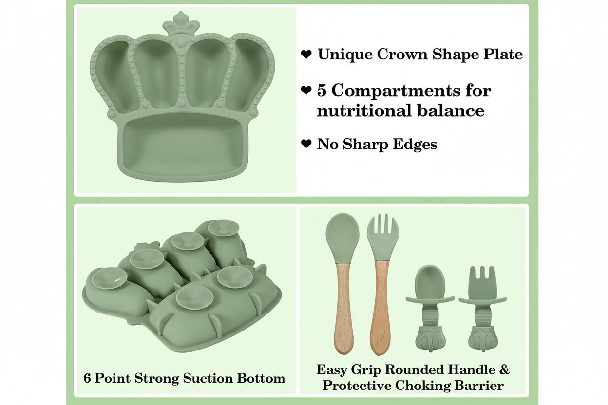 Children's dining set with crown-shaped plate, utensils, and suction base on a green background.