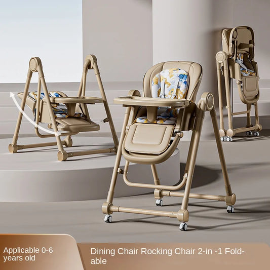 Multi-functional baby chair with dining and rocking features on a neutral background