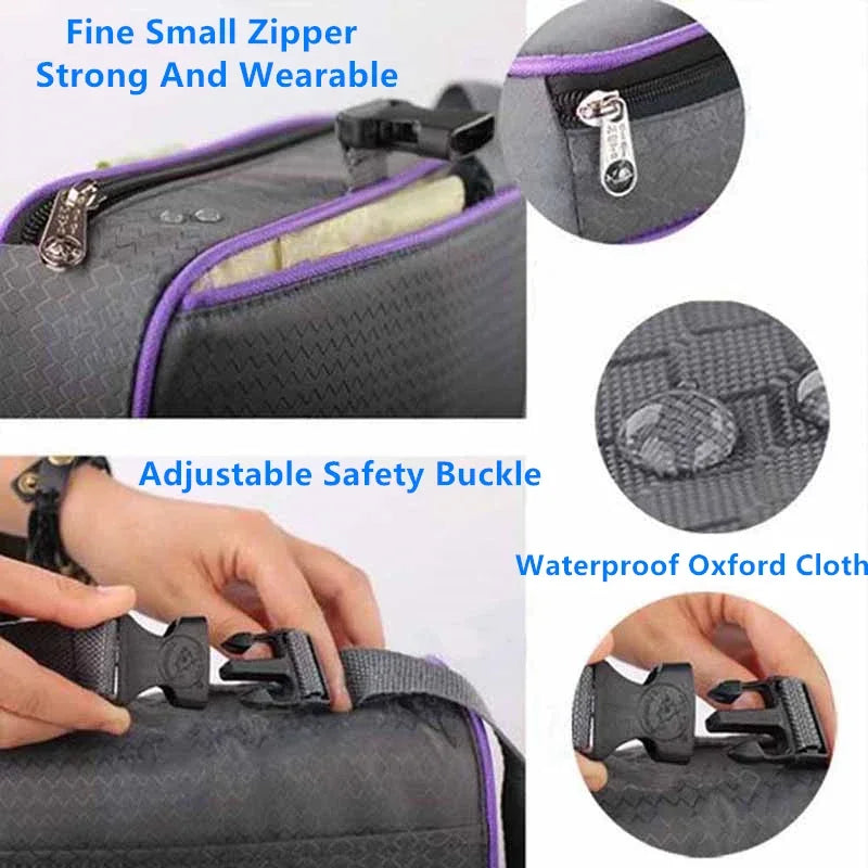 Gray bag with purple zipper and adjustable safety buckle, featuring close-up details on materials and features.