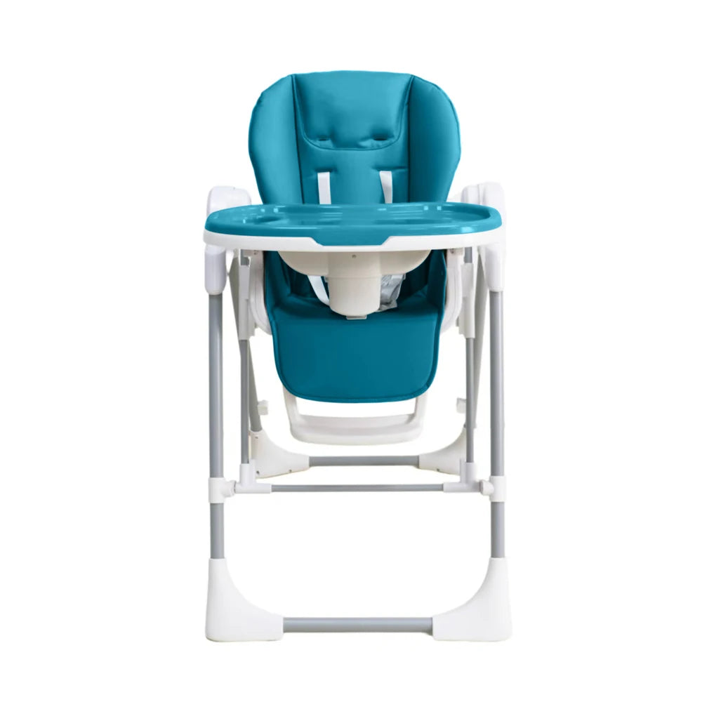 Blue and white high chair on a white background