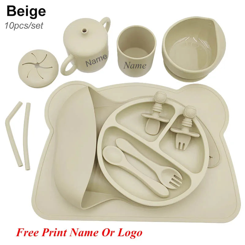 Silicone Baby Feeding Set 10Pcs Children Tableware Set Personalized Name Plates Bowls Placemats Spoon Fork For Kids Newborn Gift