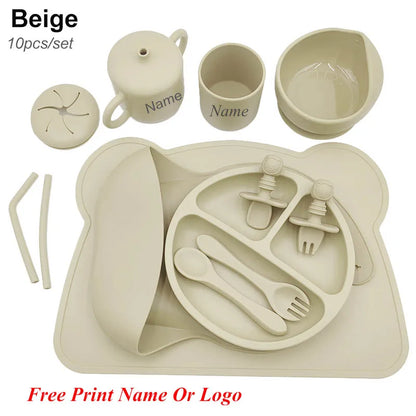 Silicone Baby Feeding Set 10Pcs Children Tableware Set Personalized Name Plates Bowls Placemats Spoon Fork For Kids Newborn Gift