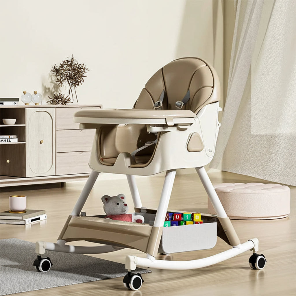 Children's high chair in a room setting with furniture and decor.