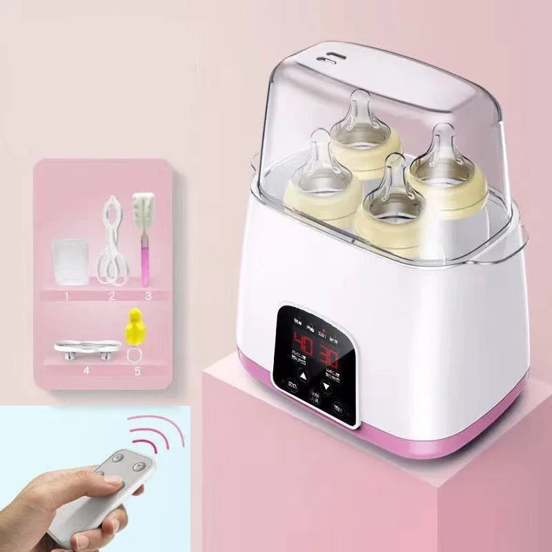 Baby bottle warmer with digital display and remote control on a pink background