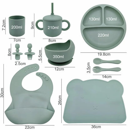 Set of green baby吃饭ware with measurements