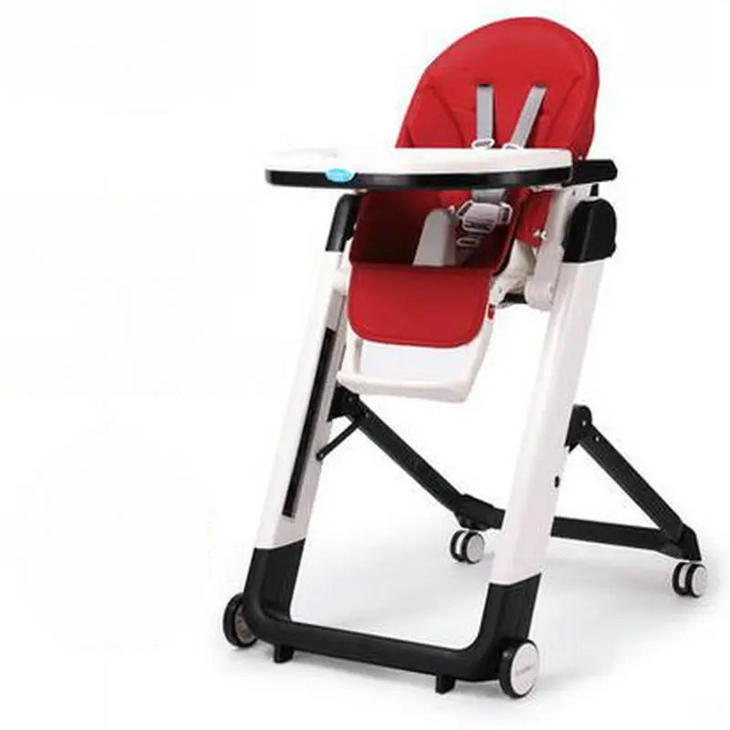 Red and white baby high chair on a white background