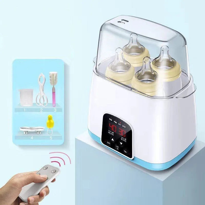 Baby bottle warmer with digital display and remote control on a light blue background