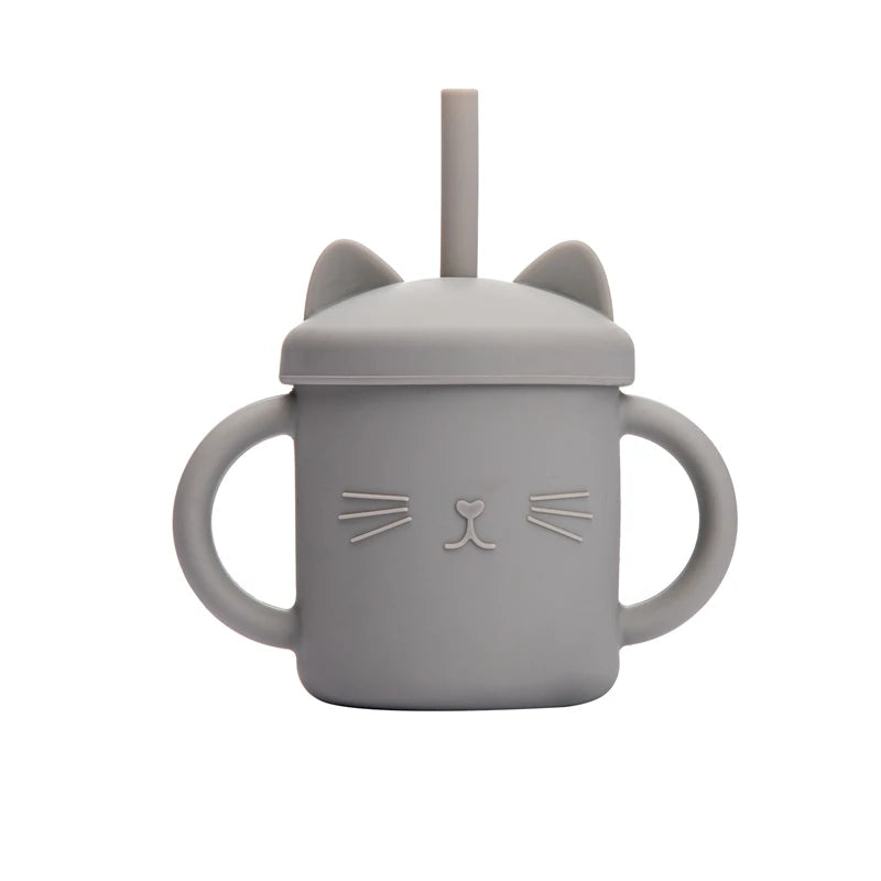 Gray cat-shaped sippy cup with a lid and straw on a white background