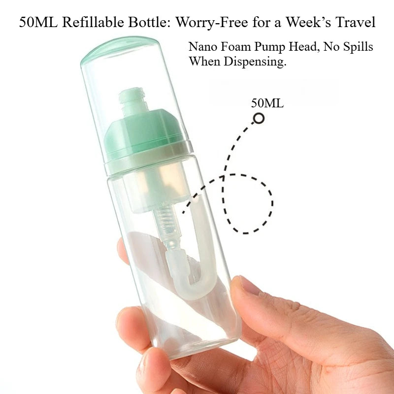 50ML refillable bottle with nano foam pump head held by a hand on a white background